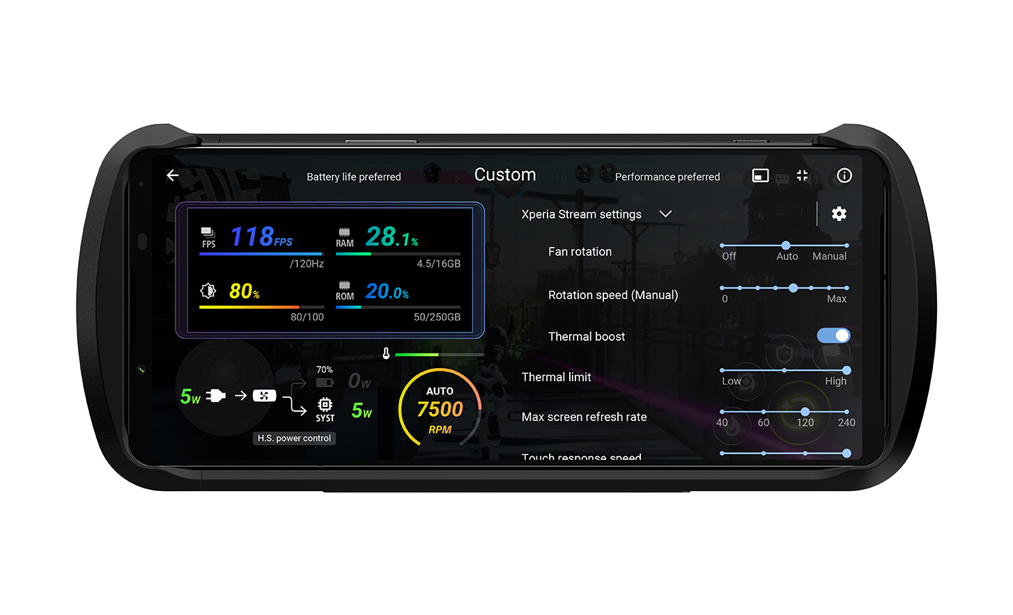 Xperia 1 IV Gaming Edition displaying Game enhancer settings interface for Xperia Stream