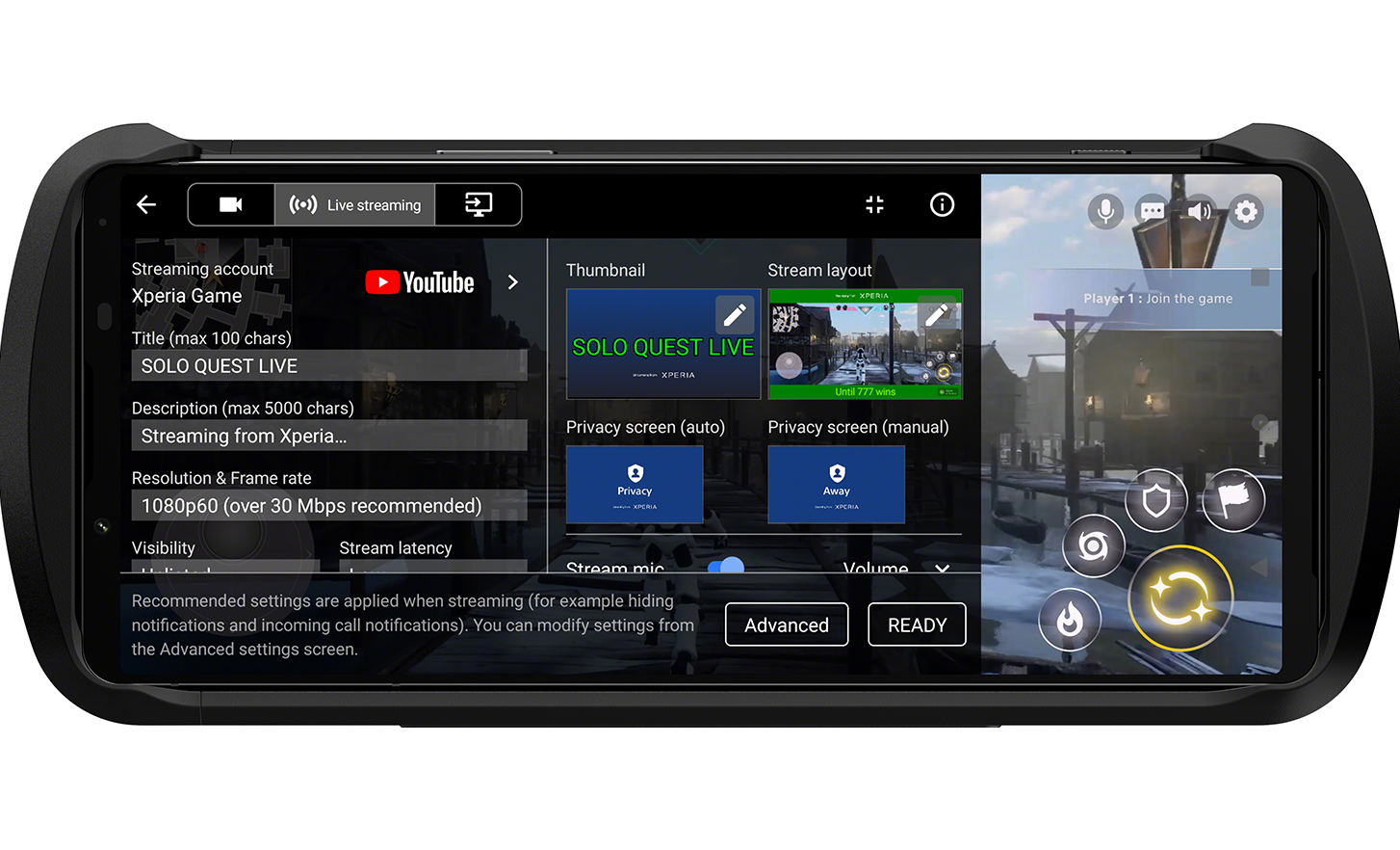 Xperia 1 IV Gaming Edition displaying UI for streaming settings
