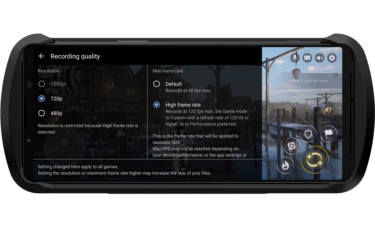 Xperia 1 IV Gaming Edition displaying recording quality settings