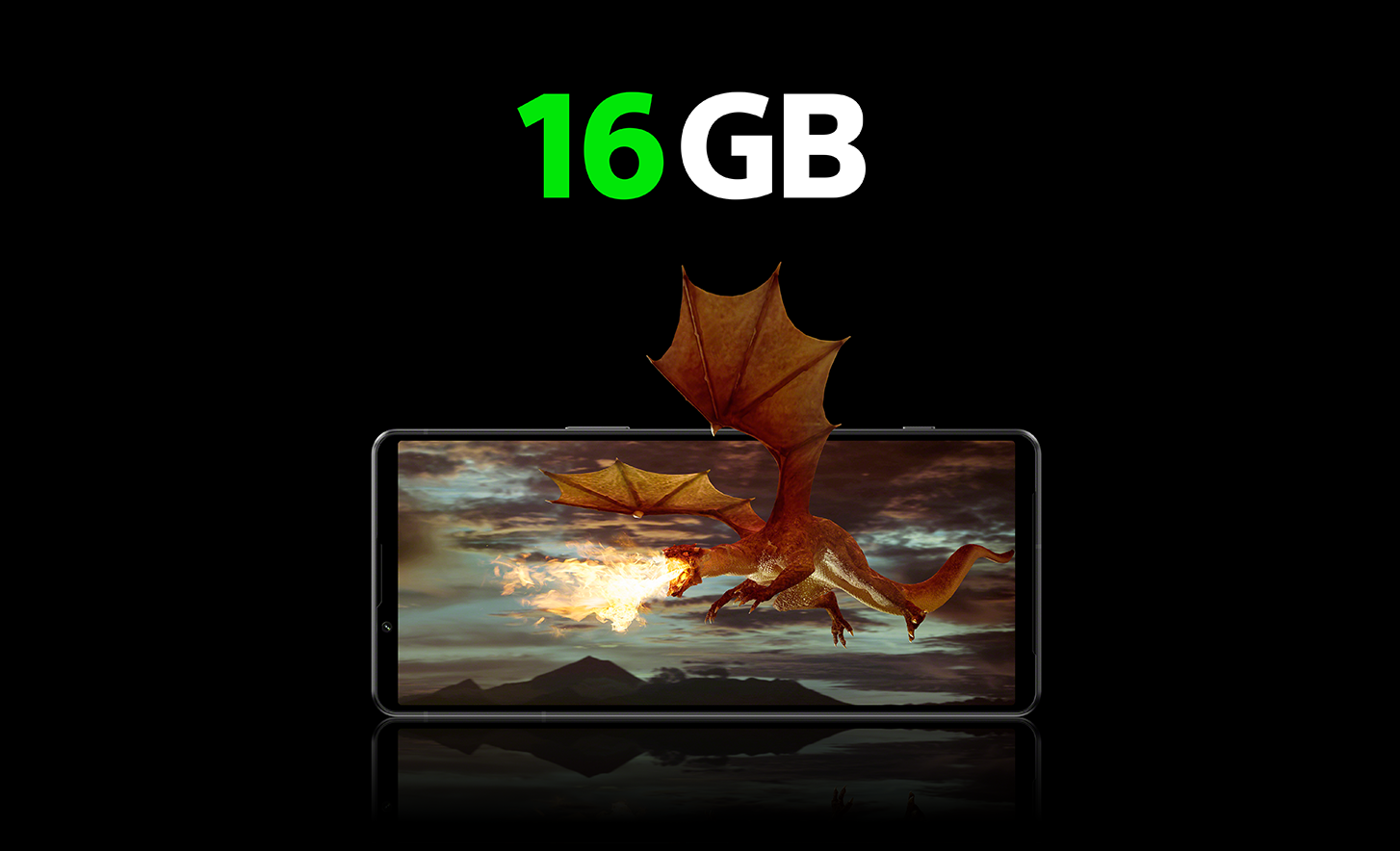 16GB in text above an Xperia 1 IV smartphone displaying an image of a fire-breathing dragon