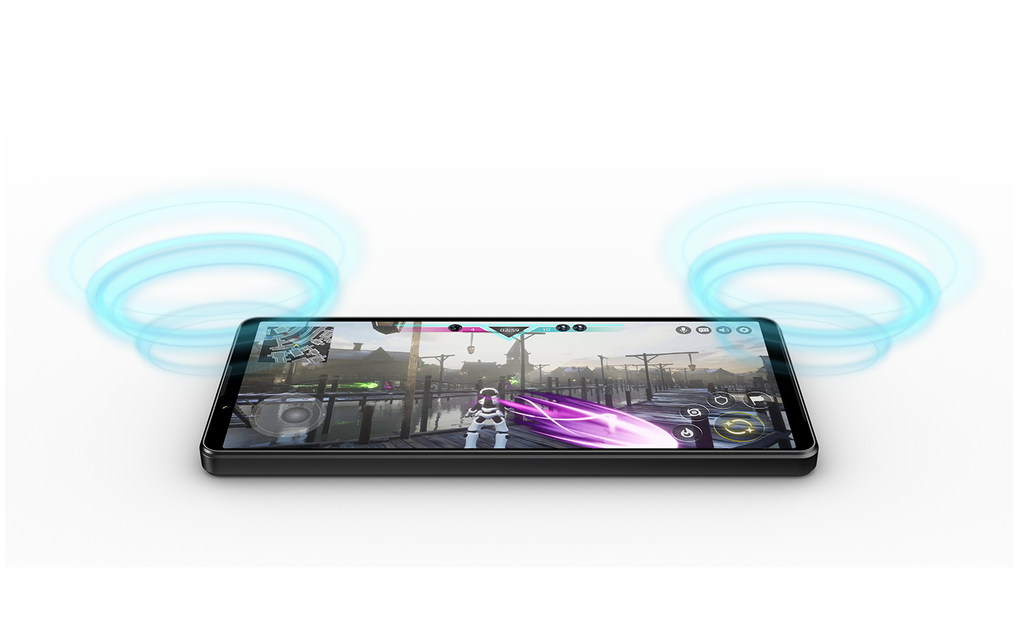 Xperia I IV smartphone with music player UI and blue sound waves emanating from its speakers